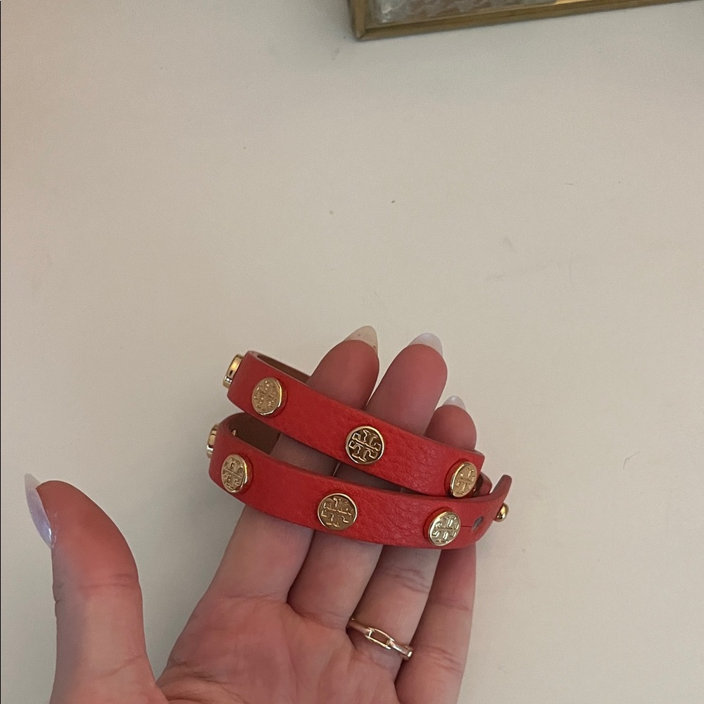 Tory Burch Red Bracelet with Gold Emblems